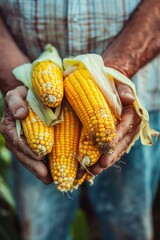 corn in the hands of a man. selective focus