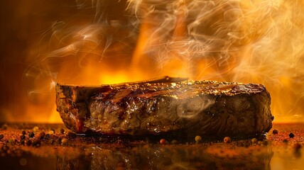 A tantalizing image of a sizzling steak's silhouette against a warm ochre background, evoking a sense of anticipation for a delicious and nutritious meal.