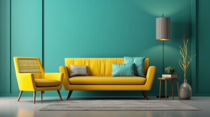 Modern Living Room With Yellow Couch and Two Chairs