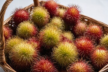 Rambutans arranged neatly in a cane basket