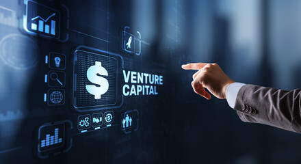 Venture capital. Investor capital. Businessman pressing virtual screen inscription