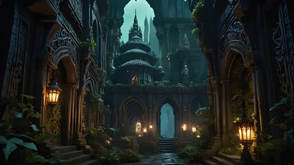 Naklejka premium Dive into the Underdark Subtle Painting of Menzoberranzan's Mystical Realm