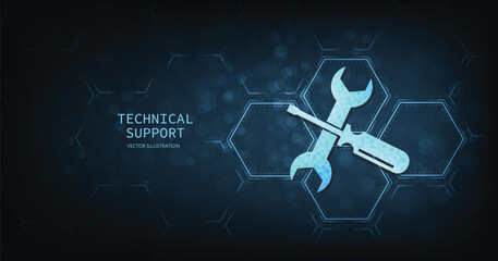 Technical Support Customer service and technology concept. Technical support and Customer help on a dark blue background.  Vector illustration.