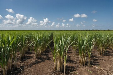 A panoramic view of a vast sugarcane plantation under a clear blue sky, with rows of tall sugarcane stalks stretching into the distance