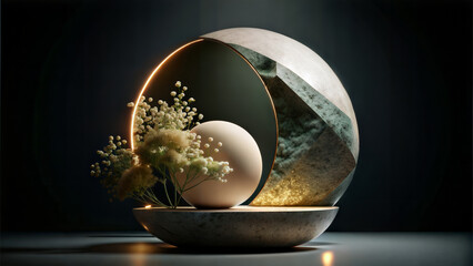 Artistic still life of a textured sphere, half in shadow, half in light, with delicate flowers and a glowing circle. Stone interior installation , flower pot concept.