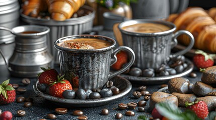 AI generated illustration of a cup of coffee and various foods on a table