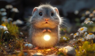 Illustration of a frightened hamster with a flashlight in the forest.
