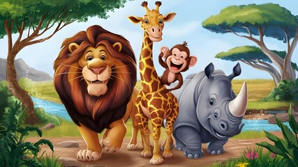 Template with cartoon illustration of lion giraffe monkey welcoming guests to natural habitat Generative Ai