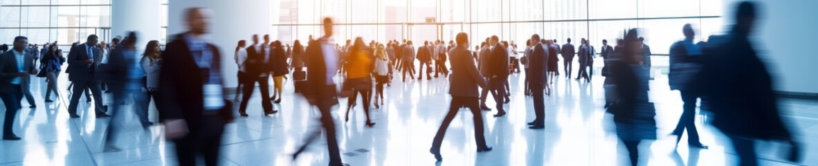 Long exposure shot of crowd of business people walking in bright office lobby fast moving with blurry