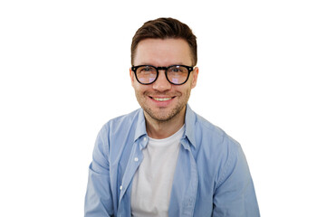 Portrait of a man with glasses looking at the camera smiling, cut out background