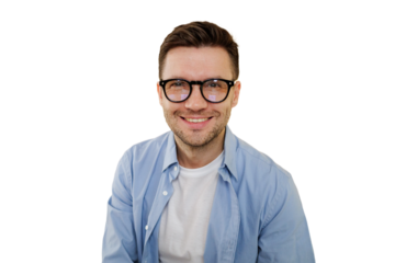 Portrait of a man with glasses looking at the camera smiling, cut out background