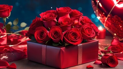 A futuristic Valentine's Day scene with vibrant red roses and a beautifully wrapped gift, set against a romantic background.