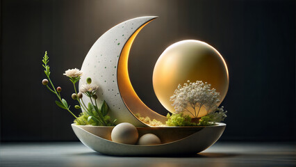 A textured crescent moon and glossy golden sphere paired with blooming flowers against a dark...