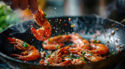 Food In Pan. Professional Cook Prepares Shrimps with Sprigg Beans in Eastern Kitchen