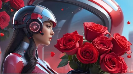 Step into a world of romance and technology with a visually descriptive prompt of a futuristic Valentine's Day setting, complete with a bouquet of red roses and a beautifully rendered gift.