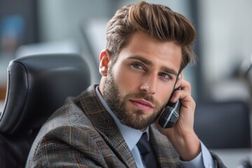 Talk On Phone. Businessman Communication in Stylish Office Setting
