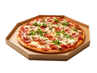 Delicious italian pizza in cardboard box isolated on transparent background