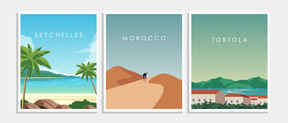 Collection of travel posters, travel banners, postcards