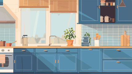 Modern cozy kitchen interior with window flat style Vector