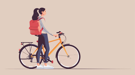 Modern girl standing with bicycle. Cartoon flat color