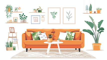 Modern living room interior with sofa potted plants
