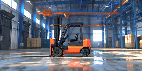 interior of a very large empty warehouse orange color forklift at work. 3d render