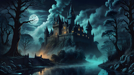 Old castle surrounded by a moat in the creepy spooky forest with dark cloudy
