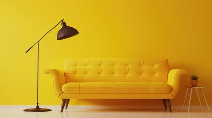 Modern yellow sofa and floor lamp against a vibrant yellow wall in a minimalist interior design