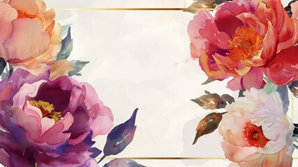 This exquisite watercolor painting showcases a stunning arrangement of vibrant peonies against a crisp white background. The delicate petals come to life in a riot of color, framed by a thin gold