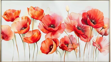 This exquisite watercolor painting showcases a vivid cluster of red poppies against a pristine white background, adorned with a thin gold metallic frame along the edges. The delicate petals and