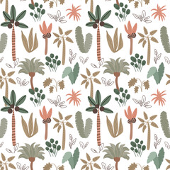 Cute palm tree, jungle seamless pattern. Cute big banana leaves coconut, rainforest design. Summer vector print, wallpaper repeat background. Hand drawn tropical plants botanical textile, wrap paper.