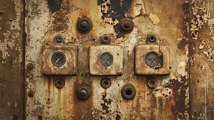 This image depicts a vintage distressed electricity wallpaper with an industrial aesthetic The wallpaper features an array of antique switches and dials in sepia tones creating a rustic grungy and