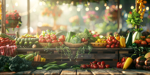 Fresh fruits with fresh vegetables on wooden table Healthy food garden sunlight in Soft Natural Light blurred background - obrazy, fototapety, plakaty