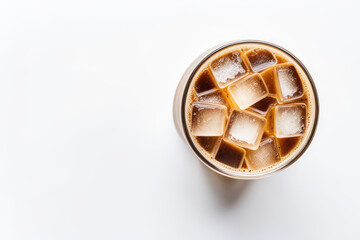 Glass of ice coffee isolated on white background from top view