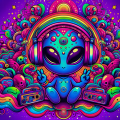 digital art vibrant colorful psychedelic cute alien with headphones vibin to music