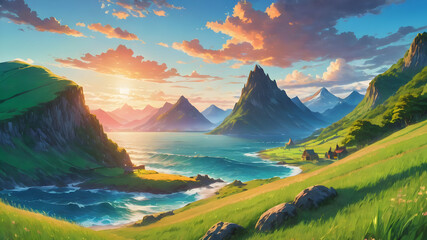 Obraz premium Art of Vinland: Viking-Era Scenery with Green Fields, Majestic Mountains, and Serene Seas