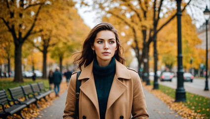 Image of lovely beautiful attractive woman walking in the park blurred background wearing coat, trendy fashion