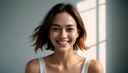A young Asian woman with short dark hair smiling at the camera