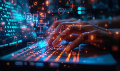 The hands of a data protection officer typing on a futuristic keyboard with holographic data privacy controls floating above, symbolizing the proactive measures