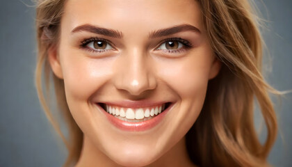 Beautiful female model face closeup with a happy smiling face and looking on camera. Close-up portrait of a cute female girl isolated on a grey background