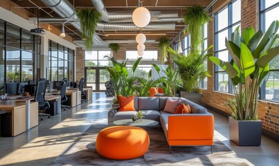 A serene office lounge designed for mindfulness and relaxation, with employees practicing yoga and meditation during a wellness break, surrounded by ambient lighting and calming greenery