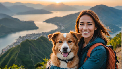 Beautiful smile of a tourist woman traveling with a dog, holding the dog at a viewpoint on a mountain with morning light and bokeh, featuring a background of the sea and mountains