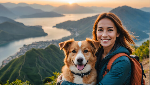 Beautiful smile of a tourist woman traveling with a dog, holding the dog at a viewpoint on a mountain with morning light and bokeh, featuring a background of the sea and mountains