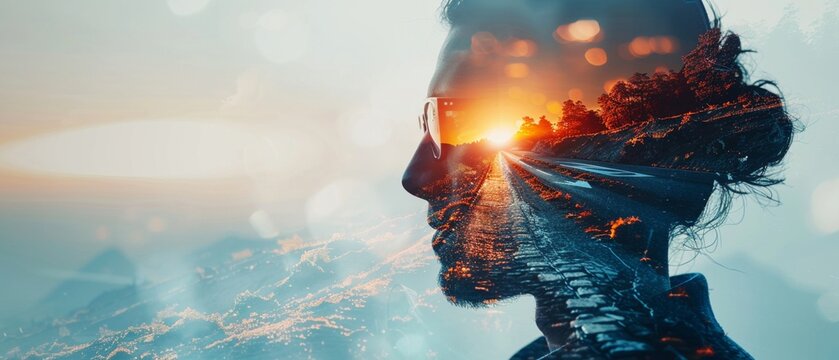 Silhouette of a professional at a crossroads, with a double exposure of different career paths, emphasizing choices and career potential , futuristic