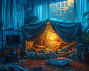 A blanket fort constructed in a living room , 8k
