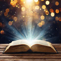 Open book on wooden vintage table with mystic magic bright light on background
