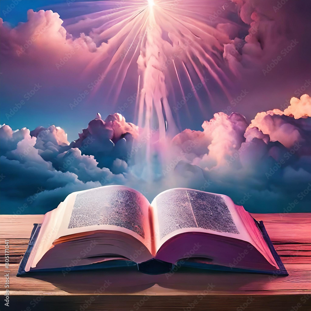 Wall mural Open book on wooden vintage table with mystic magic bright light on background
