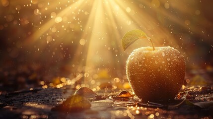   A tight shot of an apple on the ground beneath sun-drenched leaves, with water beads gleaming on the soil