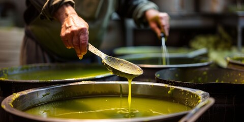 A man is pouring a green liquid into a bowl