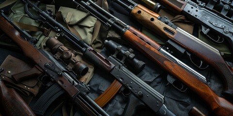 A collection of guns are laid out on a table